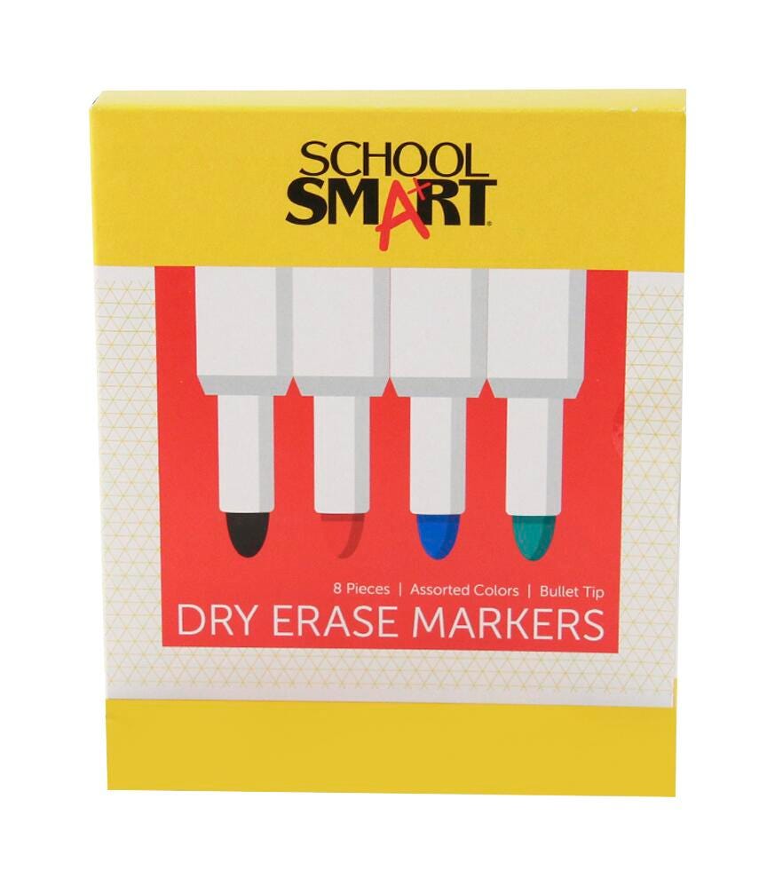 School Smart Dry Erase Markers, Bullet Tip, Low Odor, Assorted Colors, Pack of 8 1354270